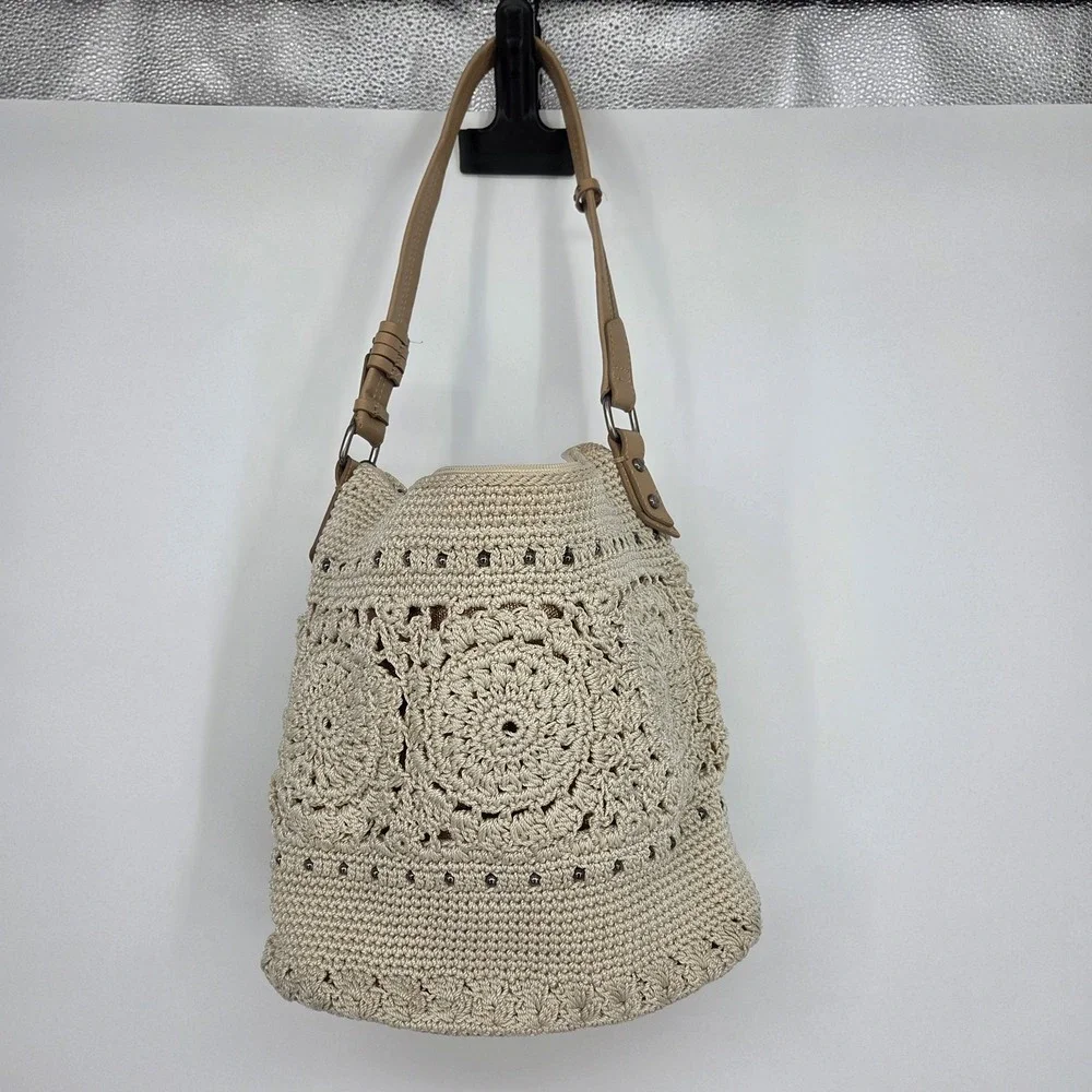 The Sak Sequoia Hobo Hand Crochet Natural Medallion Boho Shoulder Bag Charms